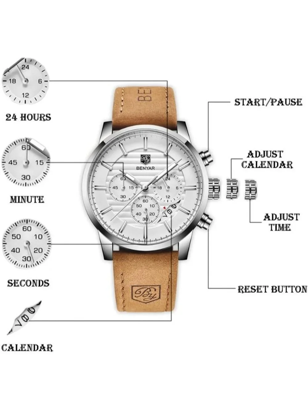 Men's Brown Silver White Analog Quartz Chronograph Waterproof Fashion Wristwatch